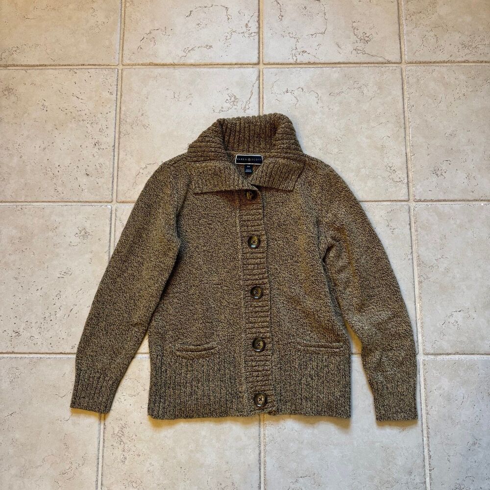Karen Scott Brown Marled Knit Button Front Shawl Collar Cardigan Sweater Petite